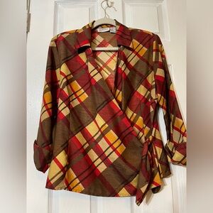 Striped Plaid Wrap Tunic in Red, Brown & Yellow - STONEBRIDGE